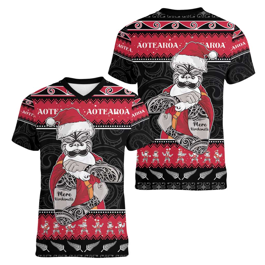 New Zealand Santa Tiki Christmas Women V-Neck T-Shirt Meri Kirihimete LT05 - Polynesian Pride