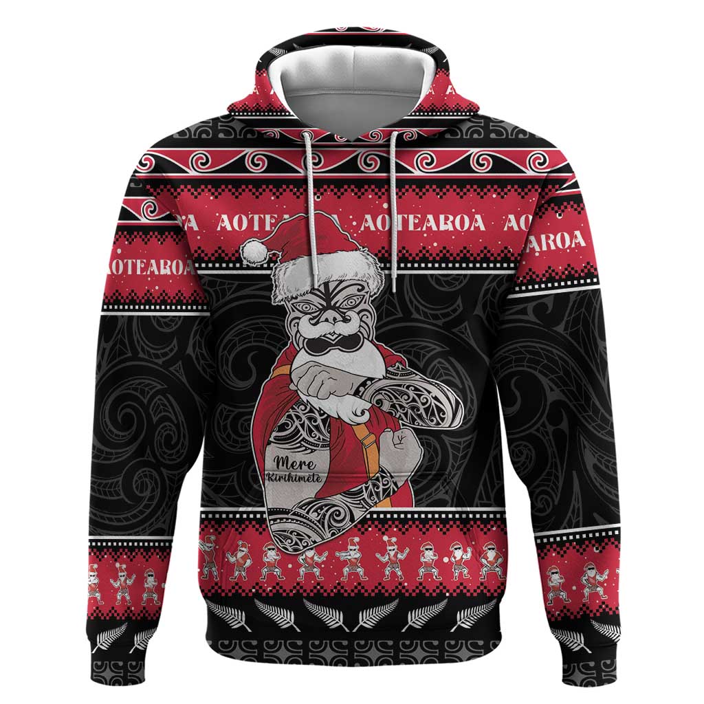 New Zealand Santa Tiki Christmas Zip Hoodie Meri Kirihimete LT05 Pullover Hoodie Black - Polynesian Pride