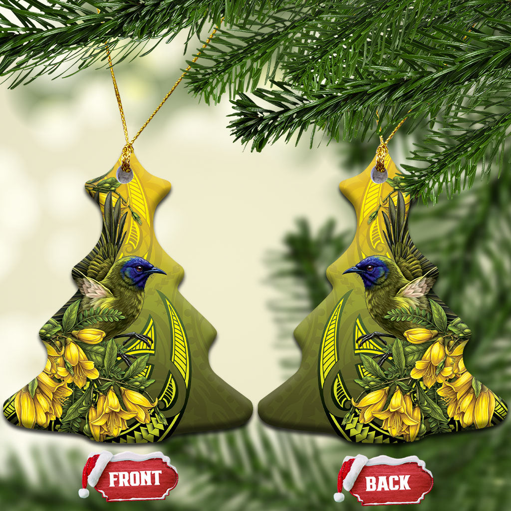 New Zealand Bellbird Ceramic Ornament With Kowhai Flowers LT05 Christmas Tree Yellow - Polynesian Pride