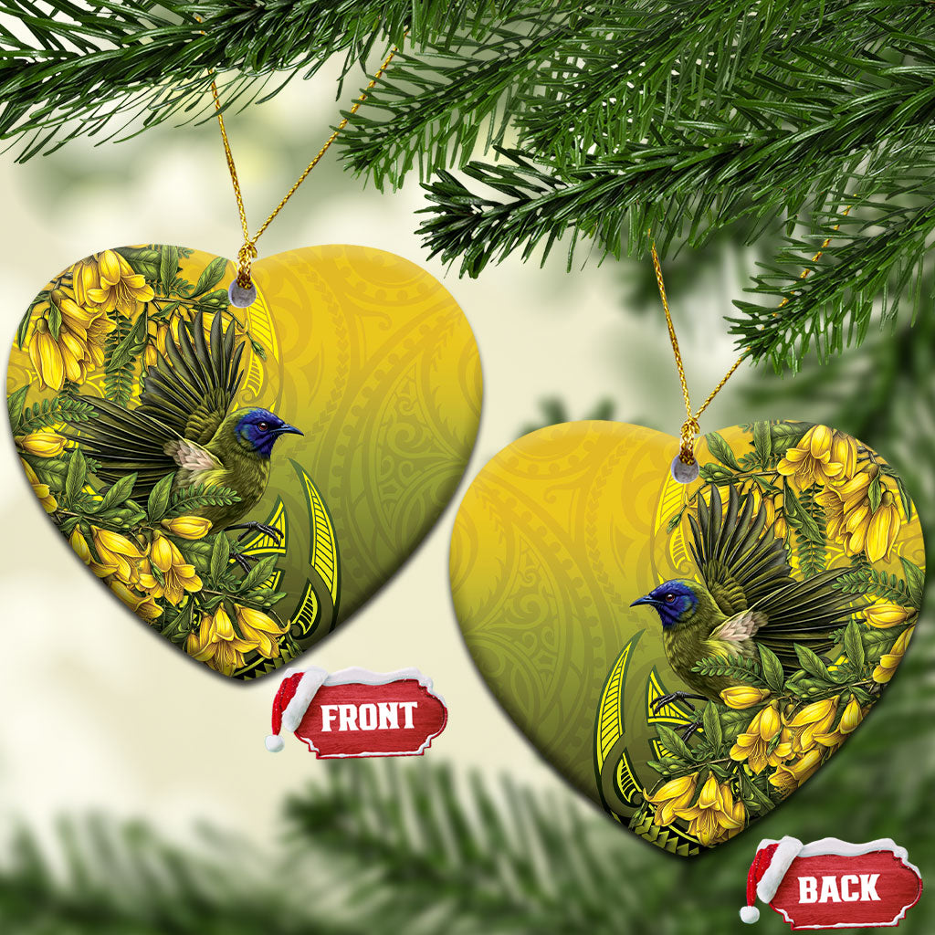 New Zealand Bellbird Ceramic Ornament With Kowhai Flowers LT05 Heart Yellow - Polynesian Pride