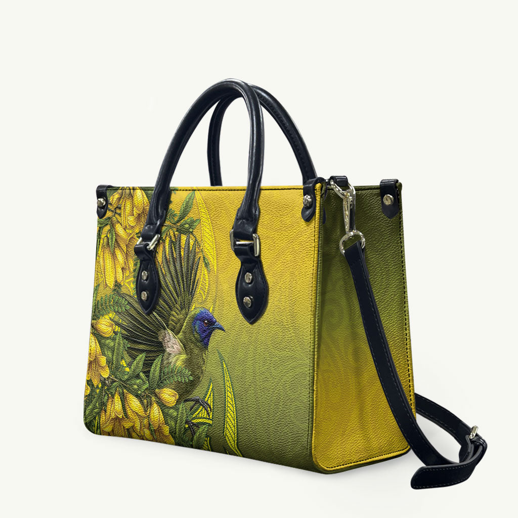 New Zealand Bellbird Leather Bag With Kowhai Flowers LT05 Yellow - Polynesian Pride