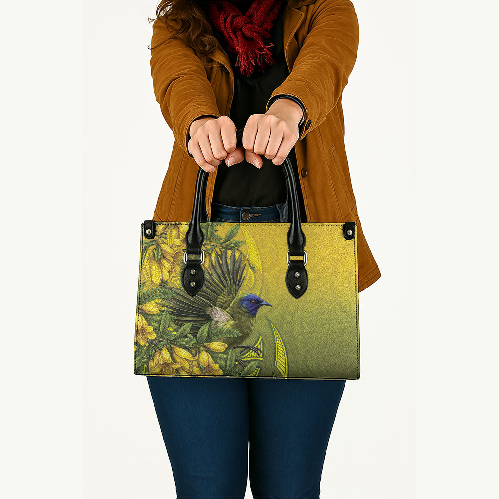 New Zealand Bellbird Leather Bag With Kowhai Flowers LT05 - Polynesian Pride