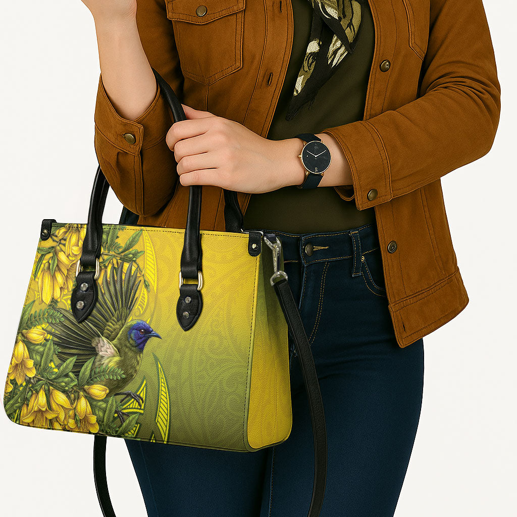New Zealand Bellbird Leather Bag With Kowhai Flowers LT05 - Polynesian Pride