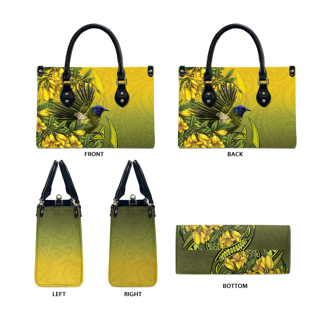 New Zealand Bellbird Leather Bag With Kowhai Flowers LT05 - Polynesian Pride