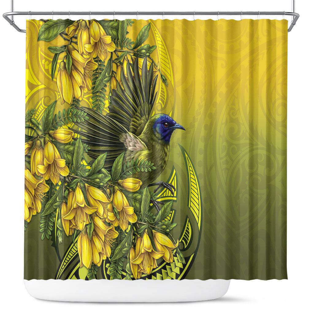 New Zealand Bellbird Shower Curtain With Kowhai Flowers LT05 Yellow - Polynesian Pride