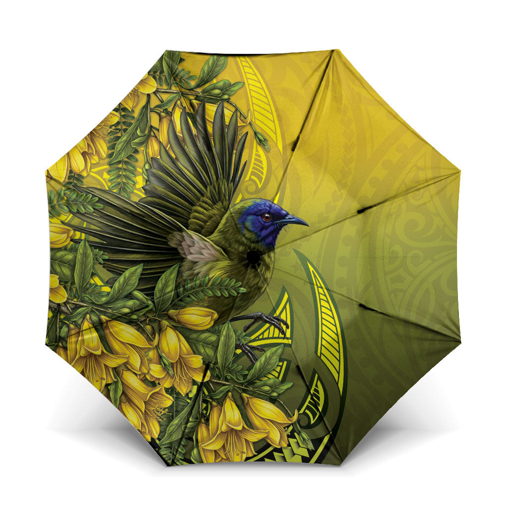 New Zealand Bellbird Umbrella With Kowhai Flowers LT05 One Size Folded 11.42 inch Opened Diameter 37.4 inch Yellow - Polynesian Pride