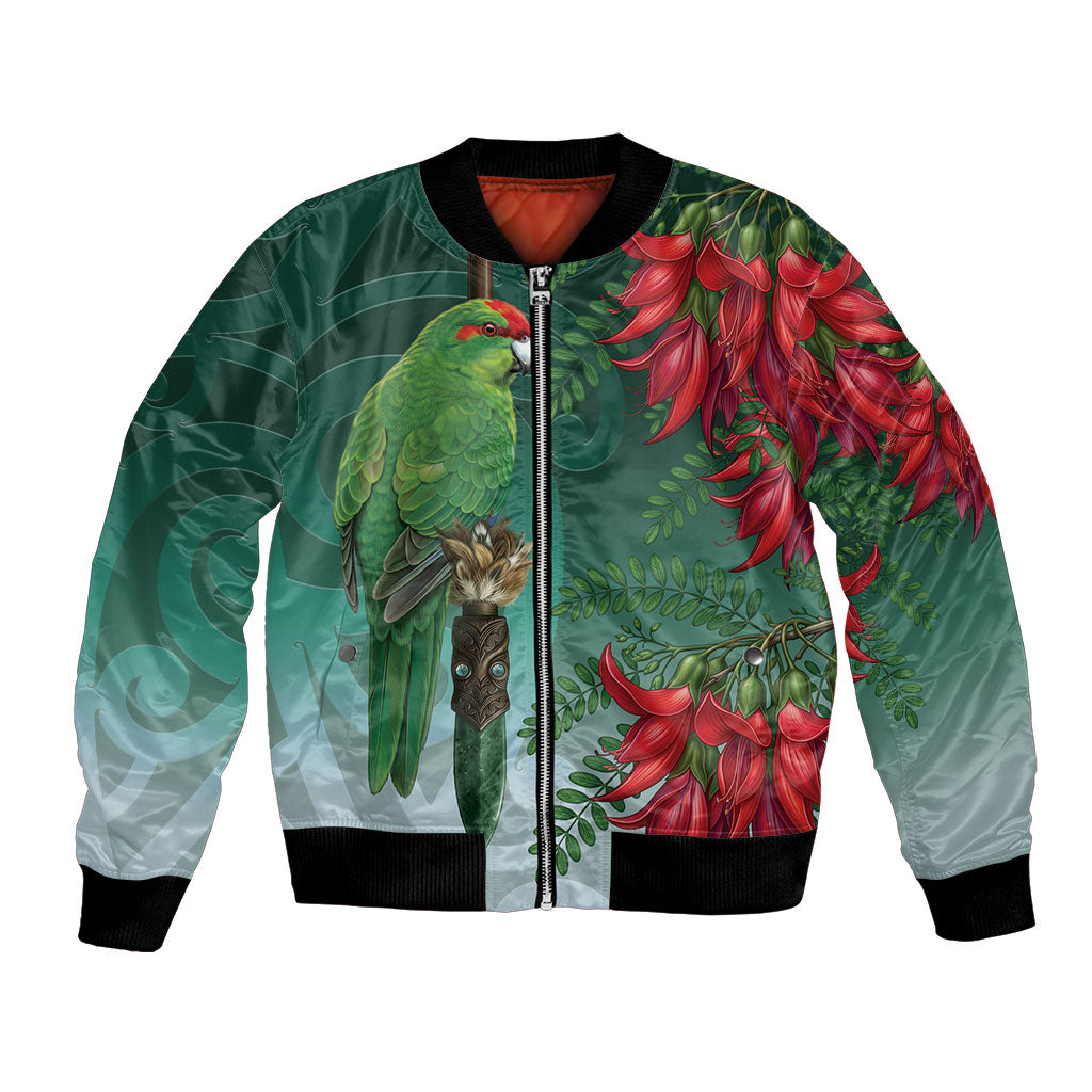 New Zealand Parakeet Bird Bomber Jacket With Kakabeak Flowers LT05 Unisex Teal - Polynesian Pride