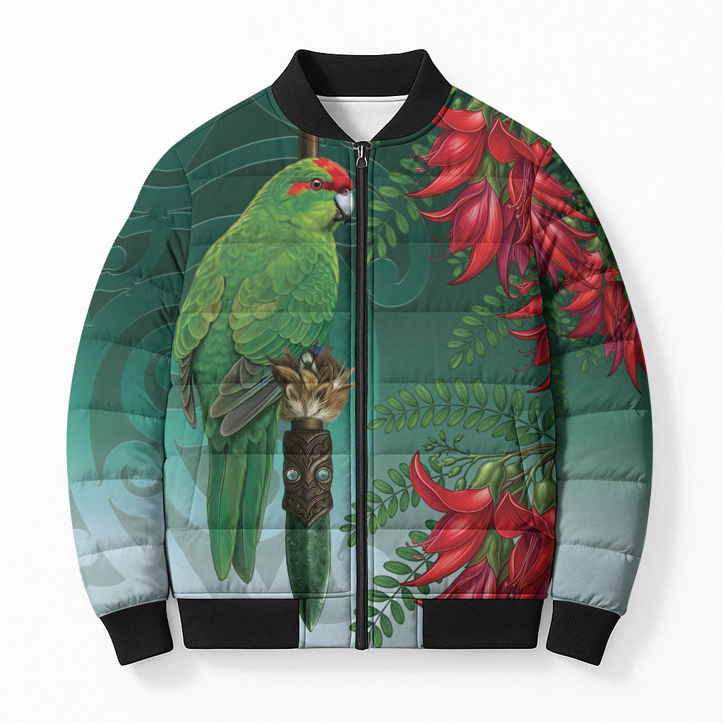 New Zealand Parakeet Bird Bomber Puffer Jacket With Kakabeak Flowers LT05 Unisex Teal - Polynesian Pride