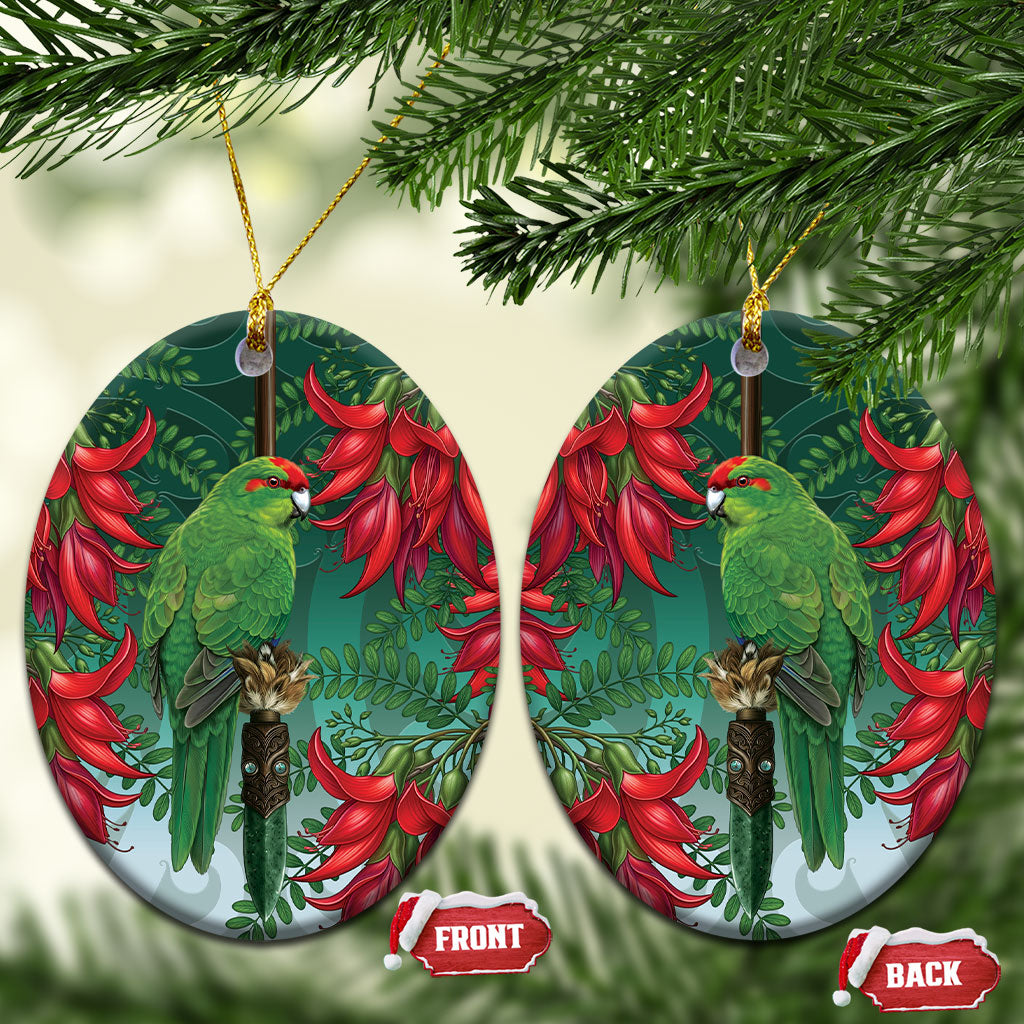 New Zealand Parakeet Bird Ceramic Ornament With Kakabeak Flowers LT05 Oval Teal - Polynesian Pride