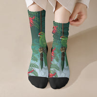 New Zealand Parakeet Bird Crew Socks With Kakabeak Flowers LT05 Crew Socks Teal - Polynesian Pride