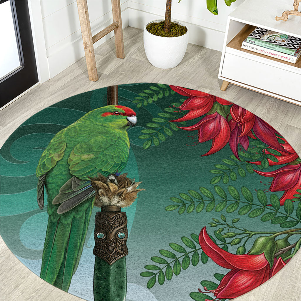 New Zealand Parakeet Bird Round Carpet With Kakabeak Flowers
