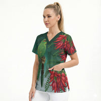 New Zealand Parakeet Bird Scrub Top With Kakabeak Flowers LT05 - Polynesian Pride