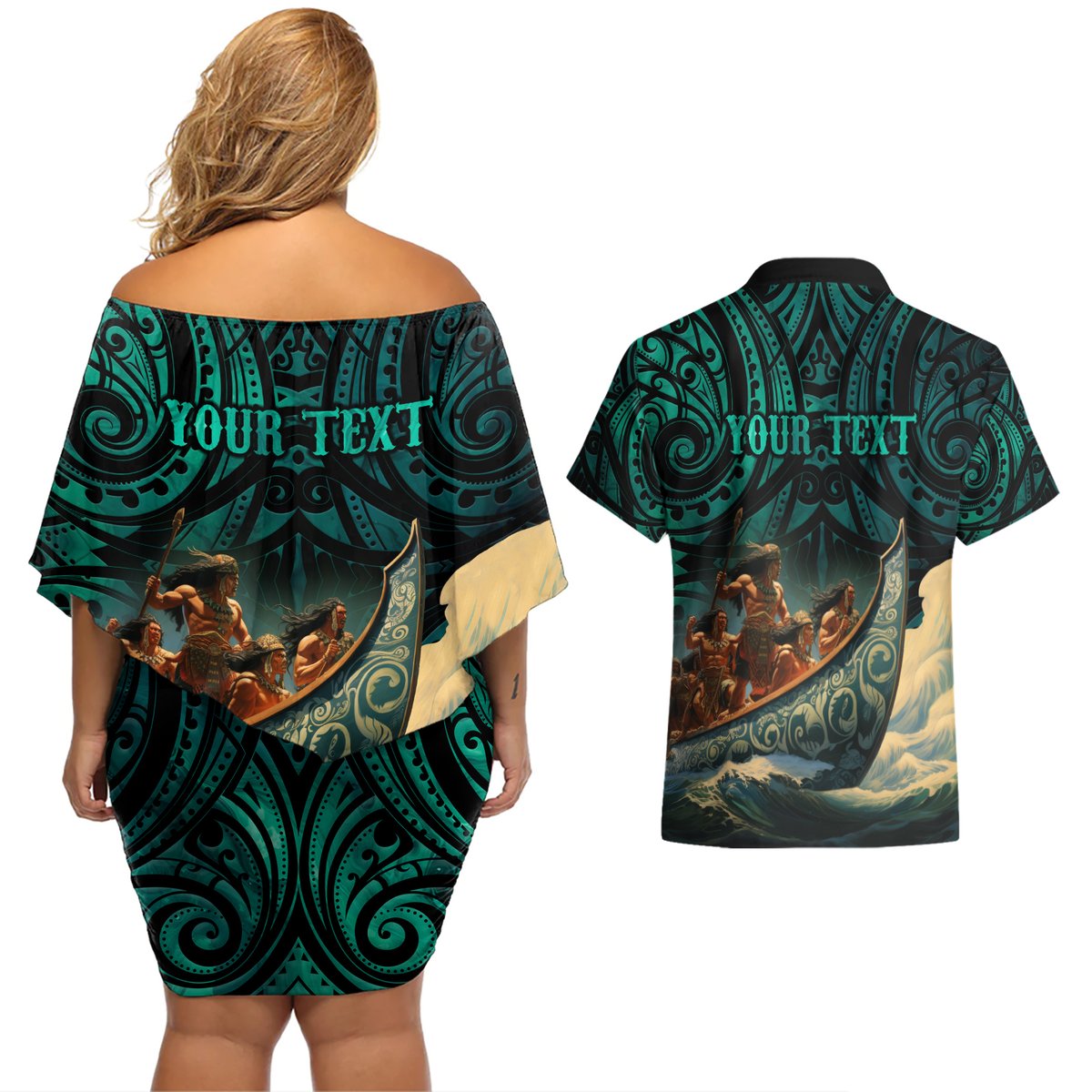 Personalised New Zealand Tamaki Herenga Waka Festival Couples Matching Off Shoulder Short Dress and Hawaiian Shirt Maori Pattern LT05 - Polynesian Pride