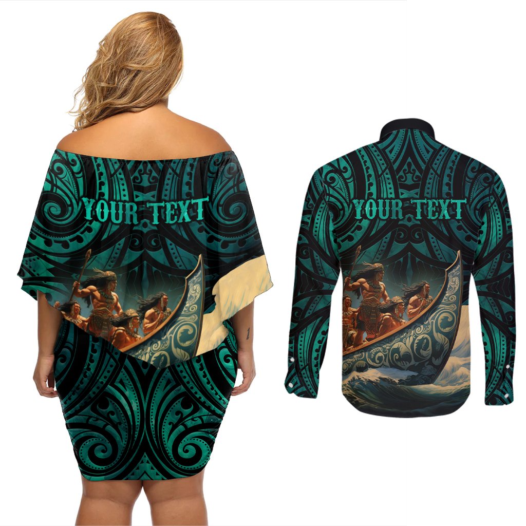 Personalised New Zealand Tamaki Herenga Waka Festival Couples Matching Off Shoulder Short Dress and Long Sleeve Button Shirt Maori Pattern LT05 - Polynesian Pride