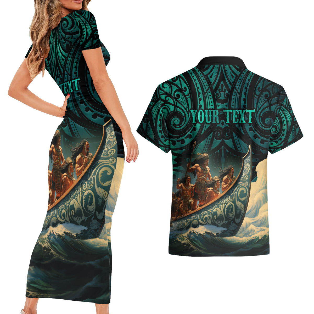 Personalised New Zealand Tamaki Herenga Waka Festival Couples Matching Short Sleeve Bodycon Dress and Hawaiian Shirt Maori Pattern LT05 - Polynesian Pride