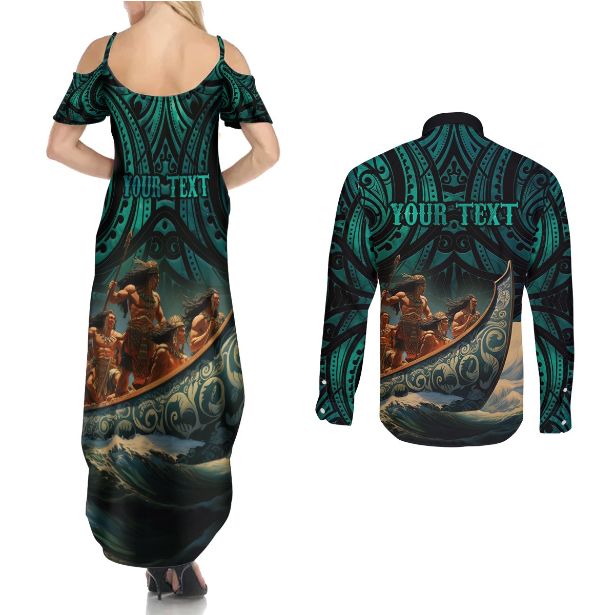 Personalised New Zealand Tamaki Herenga Waka Festival Couples Matching Summer Maxi Dress and Long Sleeve Button Shirt Maori Pattern LT05 - Polynesian Pride