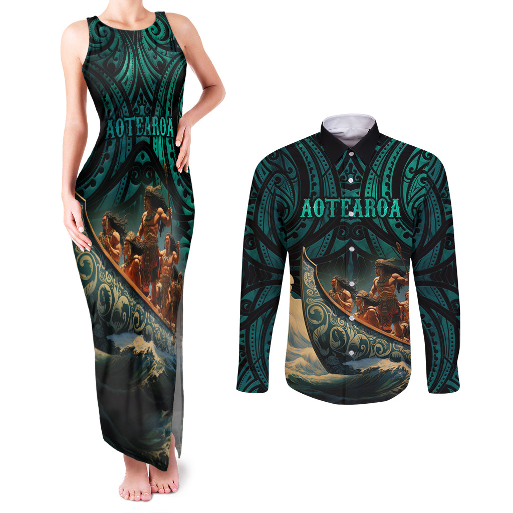 Personalised New Zealand Tamaki Herenga Waka Festival Couples Matching Tank Maxi Dress and Long Sleeve Button Shirt Maori Pattern LT05 Dark Turquoise - Polynesian Pride