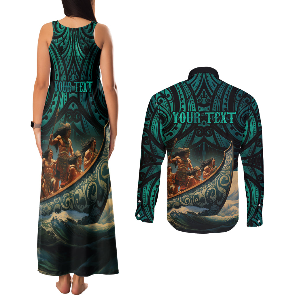 Personalised New Zealand Tamaki Herenga Waka Festival Couples Matching Tank Maxi Dress and Long Sleeve Button Shirt Maori Pattern LT05 - Polynesian Pride