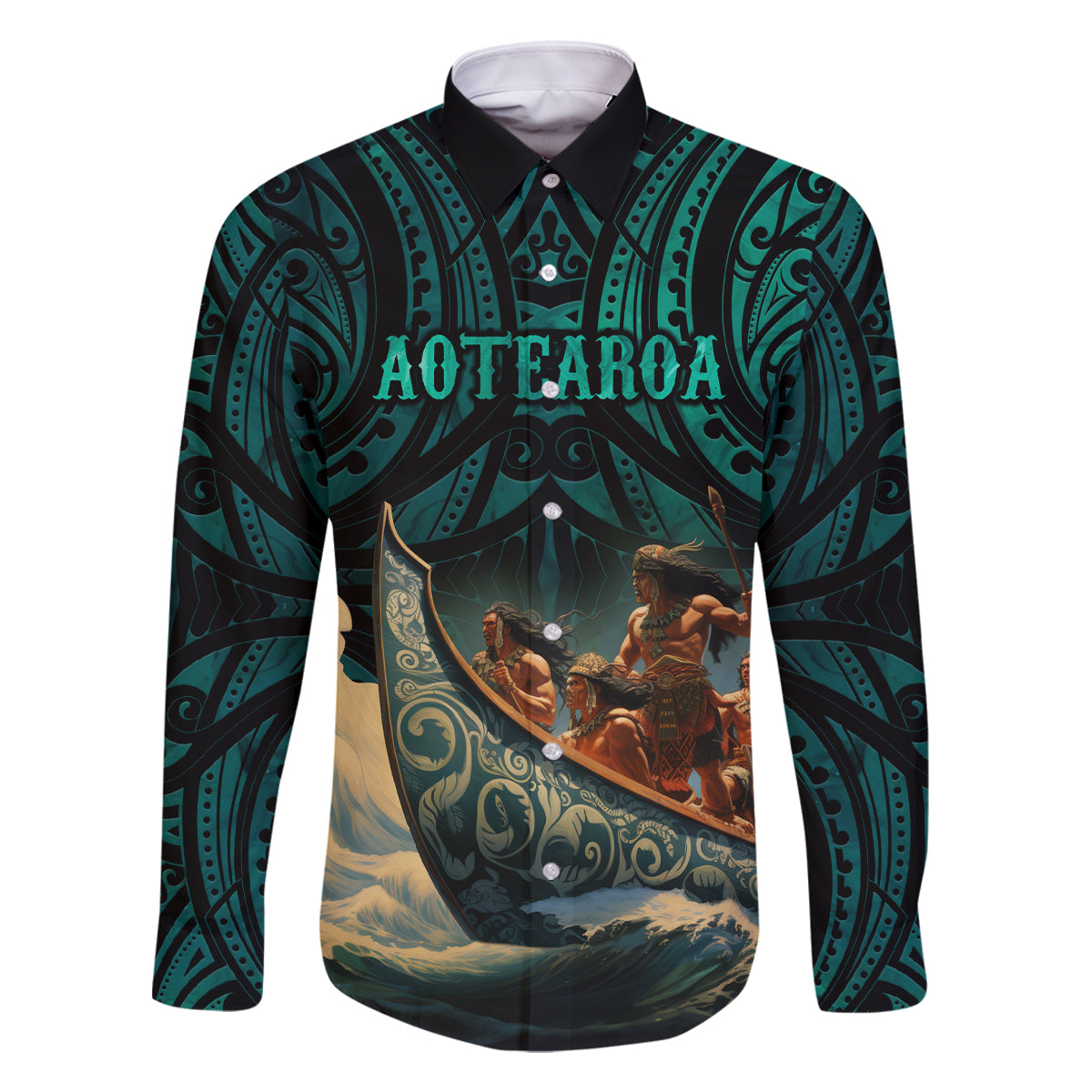 Personalised New Zealand Tamaki Herenga Waka Festival Family Matching Off Shoulder Short Dress and Hawaiian Shirt Maori Pattern LT05 Dad's Shirt - Long Sleeve Dark Turquoise - Polynesian Pride