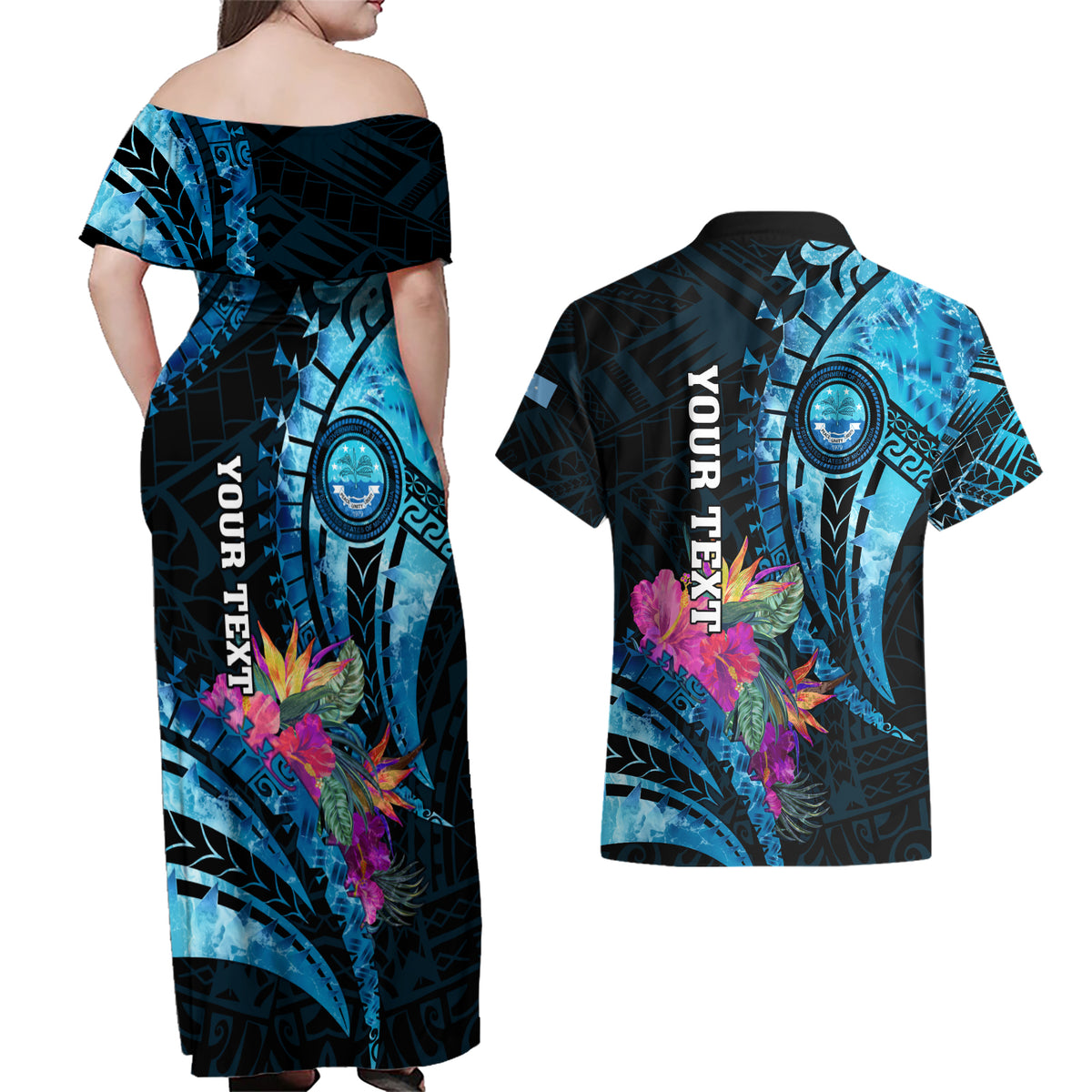 Personalised FSM Culture Day Couples Matching Off Shoulder Maxi Dress and Hawaiian Shirt Tropical Flowers Tribal Pattern LT05 - Polynesian Pride