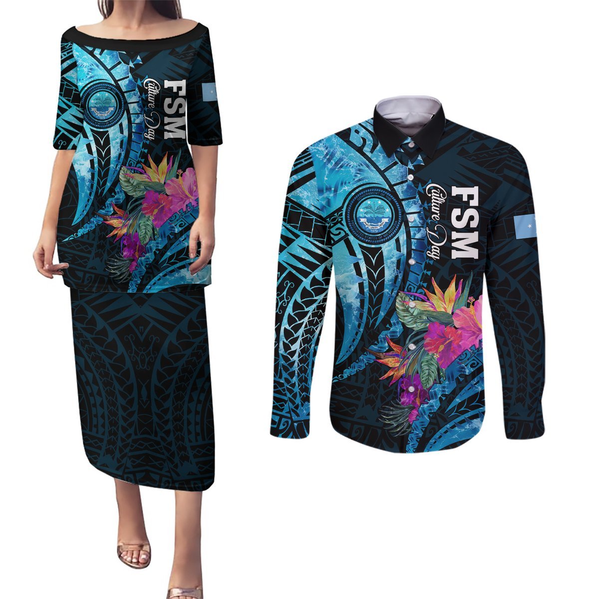 Personalised FSM Culture Day Couples Matching Puletasi and Long Sleeve Button Shirt Tropical Flowers Tribal Pattern LT05 Blue - Polynesian Pride