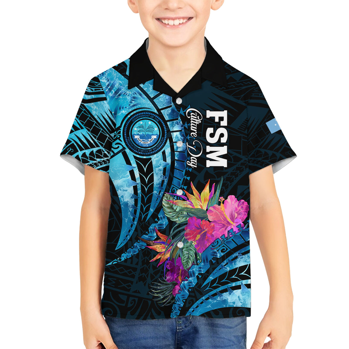 Personalised FSM Culture Day Family Matching Puletasi and Hawaiian Shirt Tropical Flowers Tribal Pattern LT05 Son's Shirt Blue - Polynesian Pride
