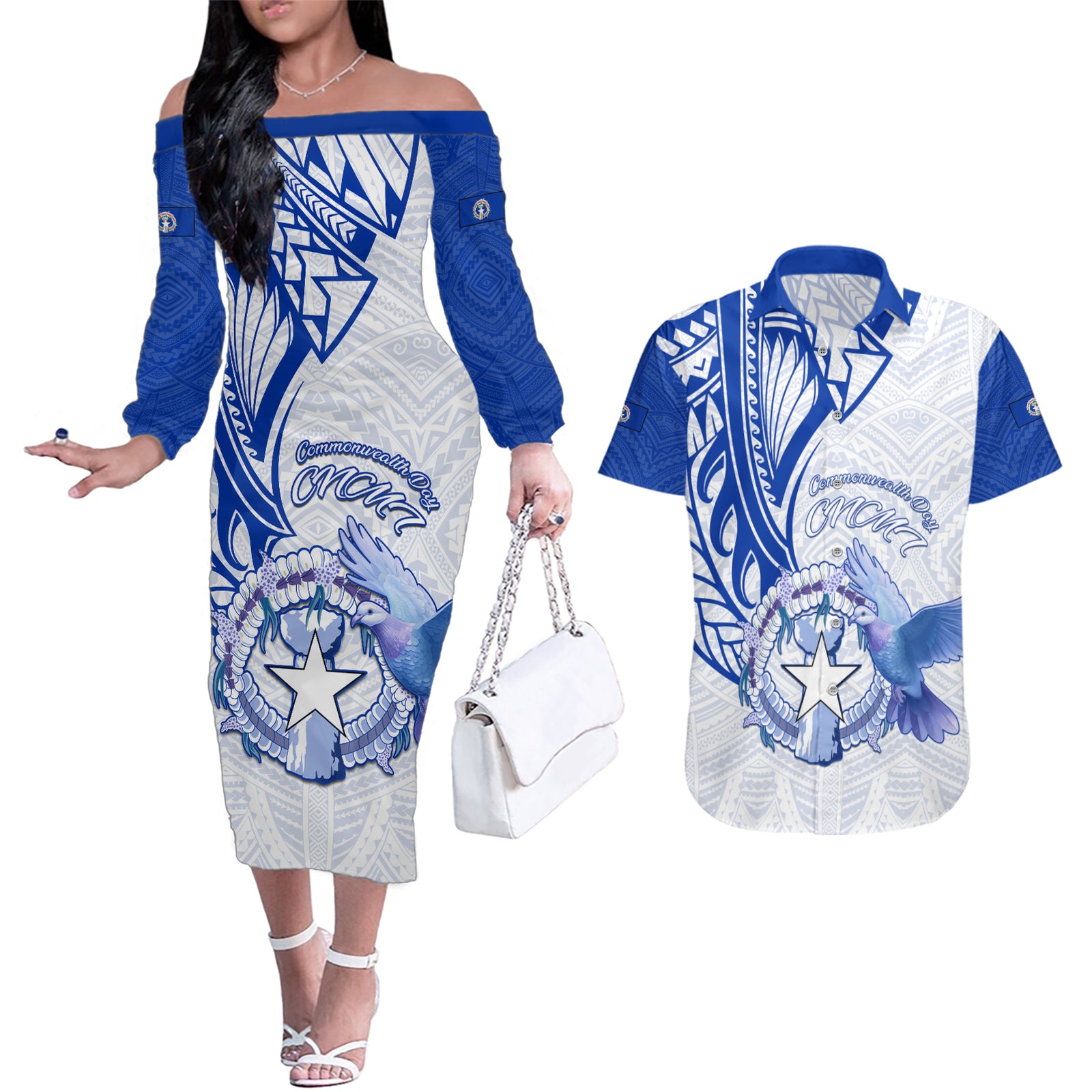 Personalised Northern Mariana Islands Commonwealth Day Couples Matching Off The Shoulder Long Sleeve Dress and Hawaiian Shirt Simple Style LT05 Blue - Polynesian Pride
