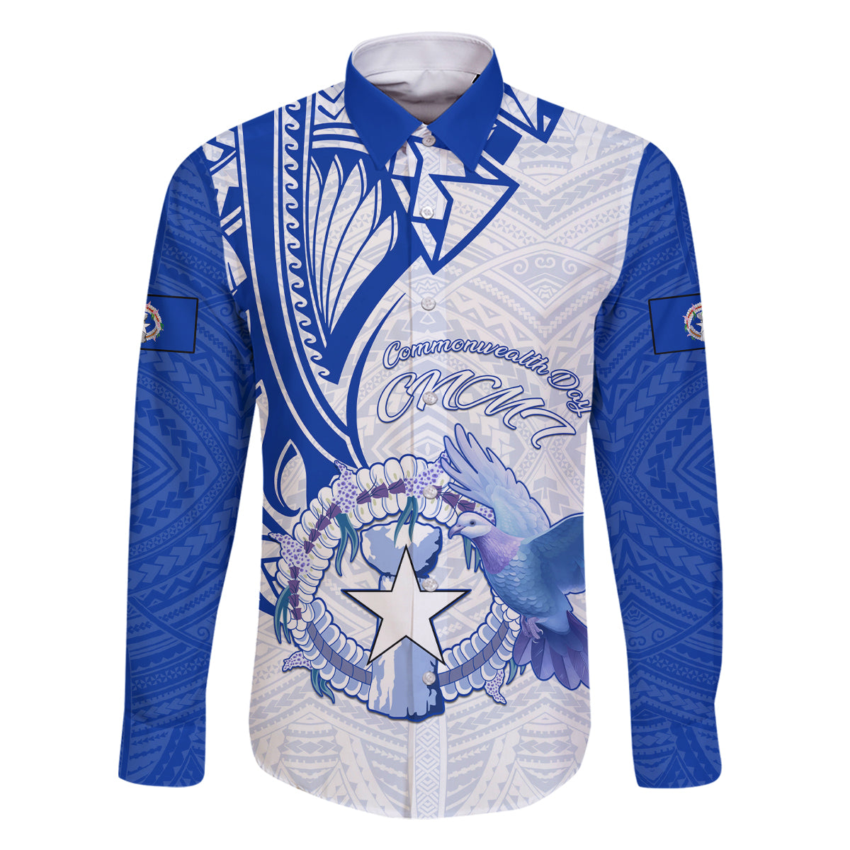 Personalised Northern Mariana Islands Commonwealth Day Family Matching Off Shoulder Short Dress and Hawaiian Shirt Simple Style LT05 Dad's Shirt - Long Sleeve Blue - Polynesian Pride