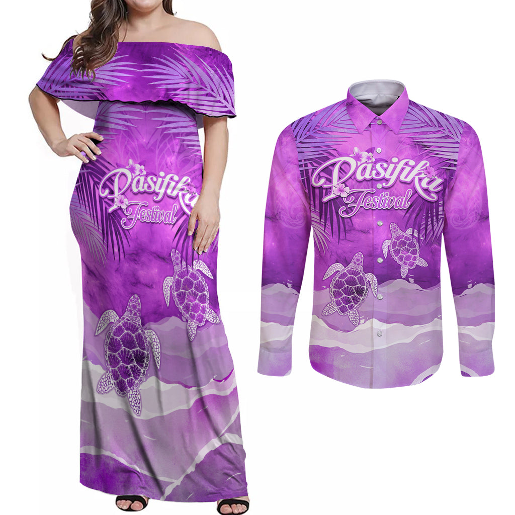 Personalised Pasifika Festival Couples Matching Off Shoulder Maxi Dress and Long Sleeve Button Shirt Violet Tropical Turtle LT05 Violet - Polynesian Pride