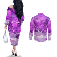 Personalised Pasifika Festival Couples Matching Off The Shoulder Long Sleeve Dress and Long Sleeve Button Shirt Violet Tropical Turtle LT05 - Polynesian Pride