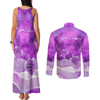 Personalised Pasifika Festival Couples Matching Tank Maxi Dress and Long Sleeve Button Shirt Violet Tropical Turtle LT05 - Polynesian Pride