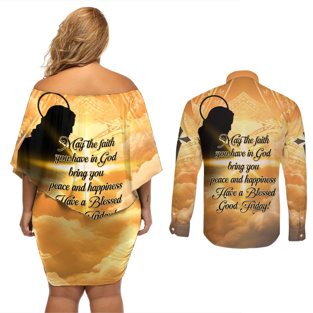 Happy Good Friday Couples Matching Off Shoulder Short Dress and Long Sleeve Button Shirt God Will Bless You LT05 - Polynesian Pride