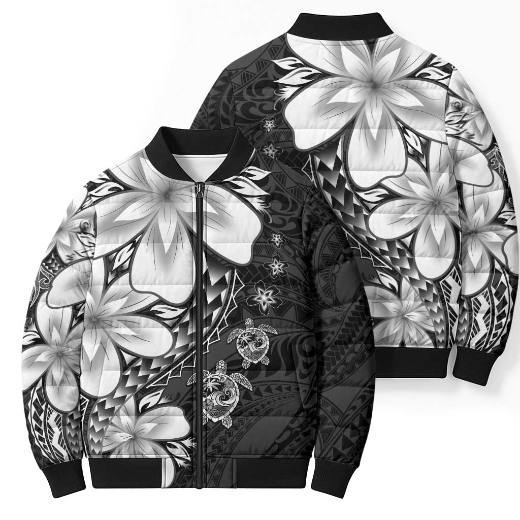 Polynesia Romantic Valentine Bomber Puffer Jacket Sea Turtle Couple With Black Plumeria