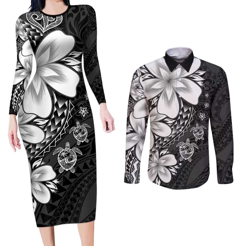 Polynesia Romantic Valentine Couples Matching Long Sleeve Bodycon Dress and Long Sleeve Button Shirt Sea Turtle Couple With Black Plumeria LT05 Black - Polynesian Pride