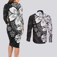 Polynesia Romantic Valentine Couples Matching Long Sleeve Bodycon Dress and Long Sleeve Button Shirt Sea Turtle Couple With Black Plumeria LT05 - Polynesian Pride