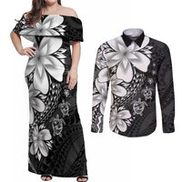Polynesia Romantic Valentine Couples Matching Off Shoulder Maxi Dress and Long Sleeve Button Shirt Sea Turtle Couple With Black Plumeria LT05 Black - Polynesian Pride