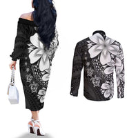 Polynesia Romantic Valentine Couples Matching Off The Shoulder Long Sleeve Dress and Long Sleeve Button Shirt Sea Turtle Couple With Black Plumeria LT05 - Polynesian Pride