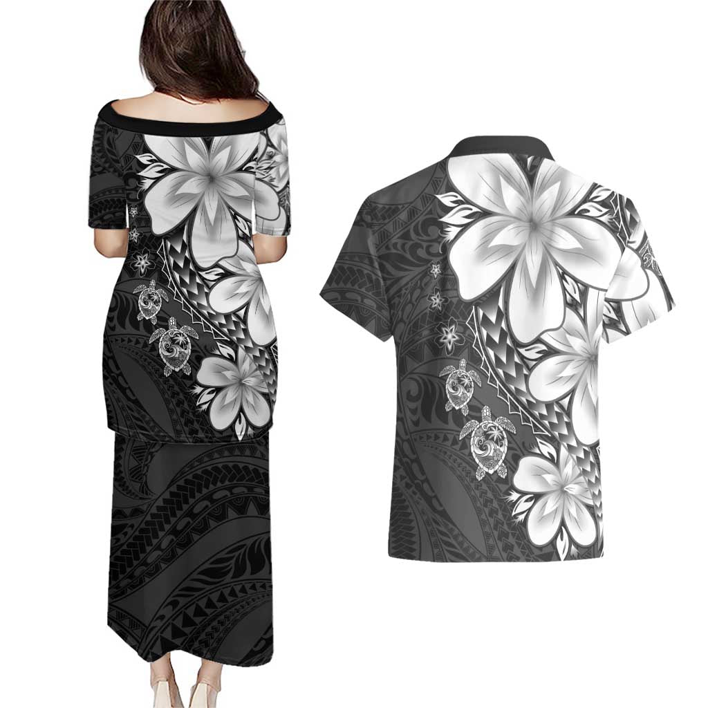 Polynesia Romantic Valentine Couples Matching Puletasi and Hawaiian Shirt Sea Turtle Couple With Black Plumeria LT05 - Polynesian Pride