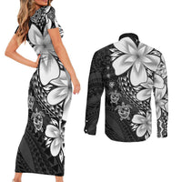 Polynesia Romantic Valentine Couples Matching Short Sleeve Bodycon Dress and Long Sleeve Button Shirt Sea Turtle Couple With Black Plumeria LT05 - Polynesian Pride