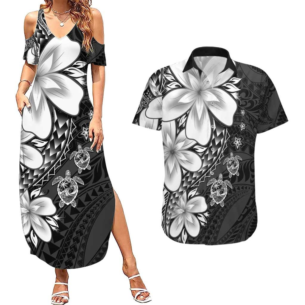 Polynesia Romantic Valentine Couples Matching Summer Maxi Dress and Hawaiian Shirt Sea Turtle Couple With Black Plumeria LT05 Black - Polynesian Pride
