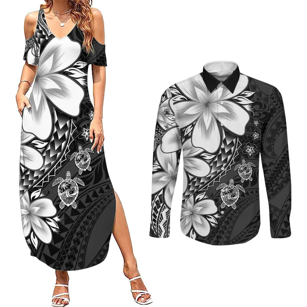 Polynesia Romantic Valentine Couples Matching Summer Maxi Dress and Long Sleeve Button Shirt Sea Turtle Couple With Black Plumeria LT05 Black - Polynesian Pride