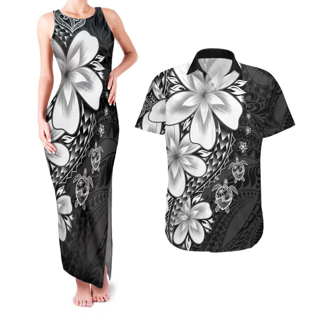 Polynesia Romantic Valentine Couples Matching Tank Maxi Dress and Hawaiian Shirt Sea Turtle Couple With Black Plumeria LT05 Black - Polynesian Pride