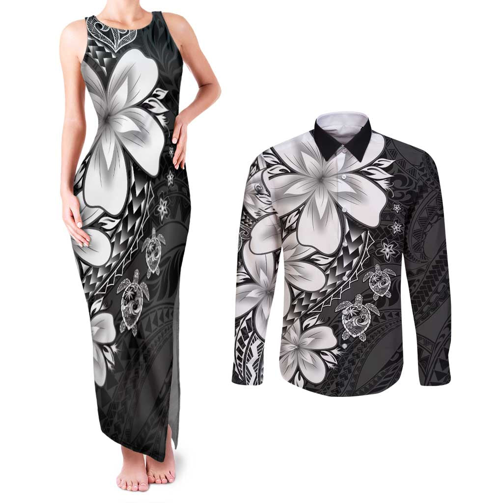 Polynesia Romantic Valentine Couples Matching Tank Maxi Dress and Long Sleeve Button Shirt Sea Turtle Couple With Black Plumeria