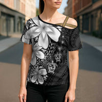 Polynesia Romantic Valentine Cross Shoulder Shirt Sea Turtle Couple With Black Plumeria