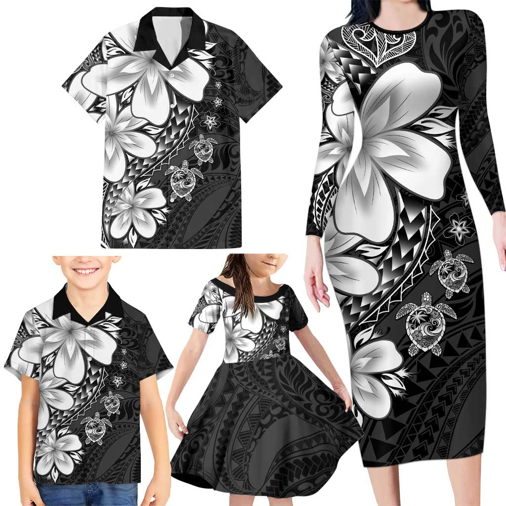 Polynesia Romantic Valentine Family Matching Long Sleeve Bodycon Dress and Hawaiian Shirt Sea Turtle Couple With Black Plumeria LT05 - Polynesian Pride