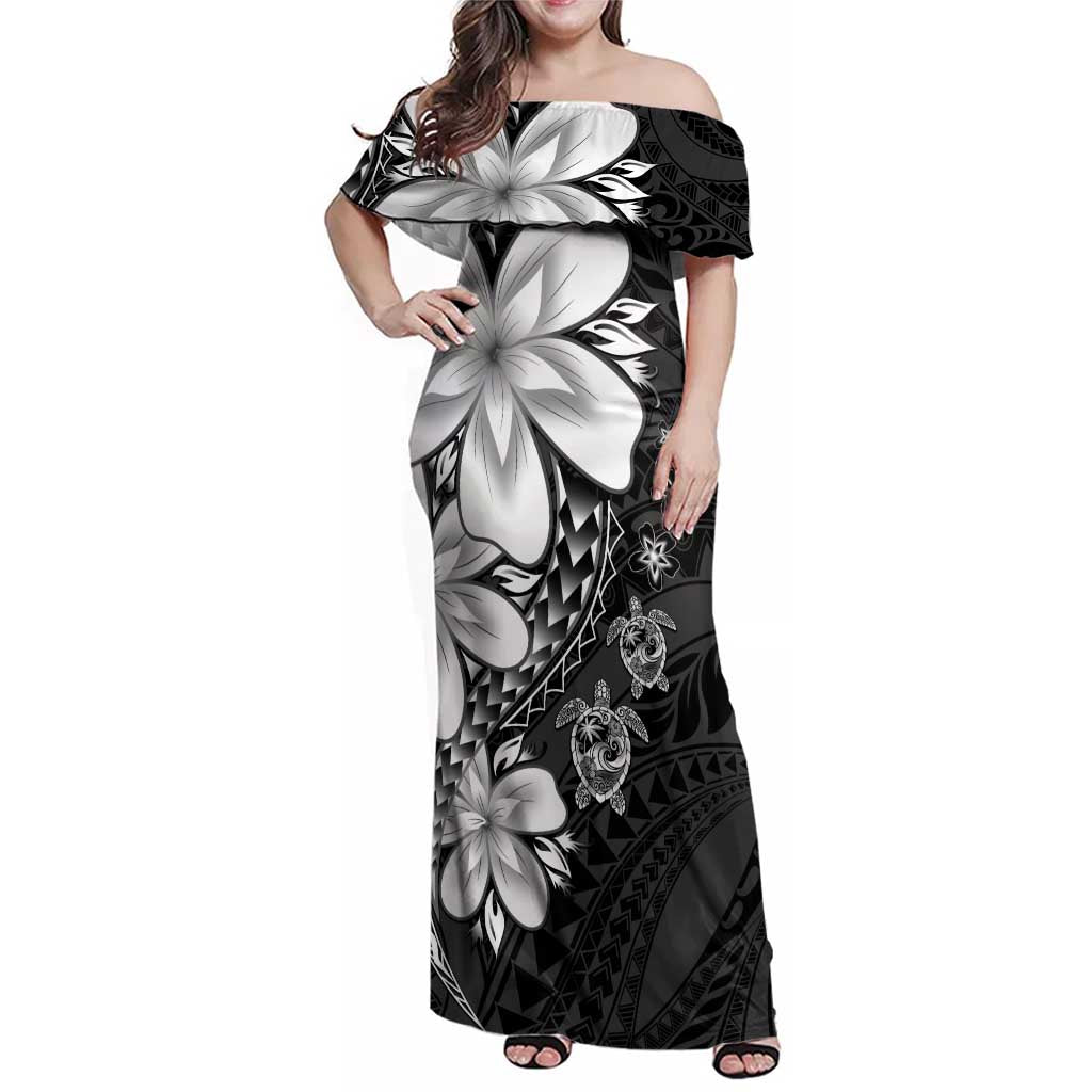 Polynesia Romantic Valentine Family Matching Off Shoulder Maxi Dress and Hawaiian Shirt Sea Turtle Couple With Black Plumeria LT05 Mom's Dress Black - Polynesian Pride