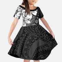 Polynesia Romantic Valentine Family Matching Off Shoulder Short Dress and Hawaiian Shirt Sea Turtle Couple With Black Plumeria LT05 Daughter's Dress Black - Polynesian Pride