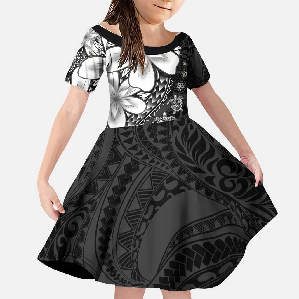 Polynesia Romantic Valentine Family Matching Summer Maxi Dress and Hawaiian Shirt Sea Turtle Couple With Black Plumeria LT05 Daughter's Dress Black - Polynesian Pride