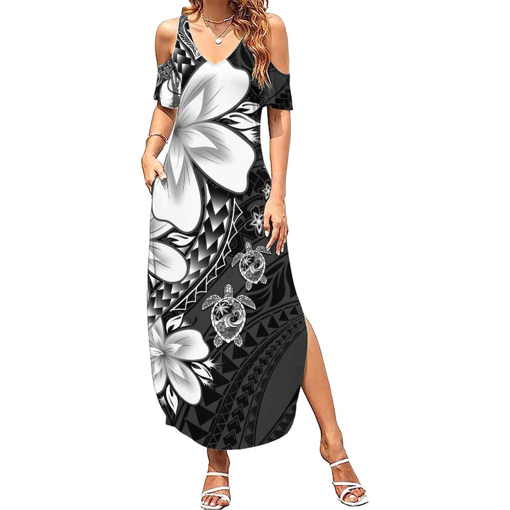 Polynesia Romantic Valentine Family Matching Summer Maxi Dress and Hawaiian Shirt Sea Turtle Couple With Black Plumeria LT05 Mom's Dress Black - Polynesian Pride