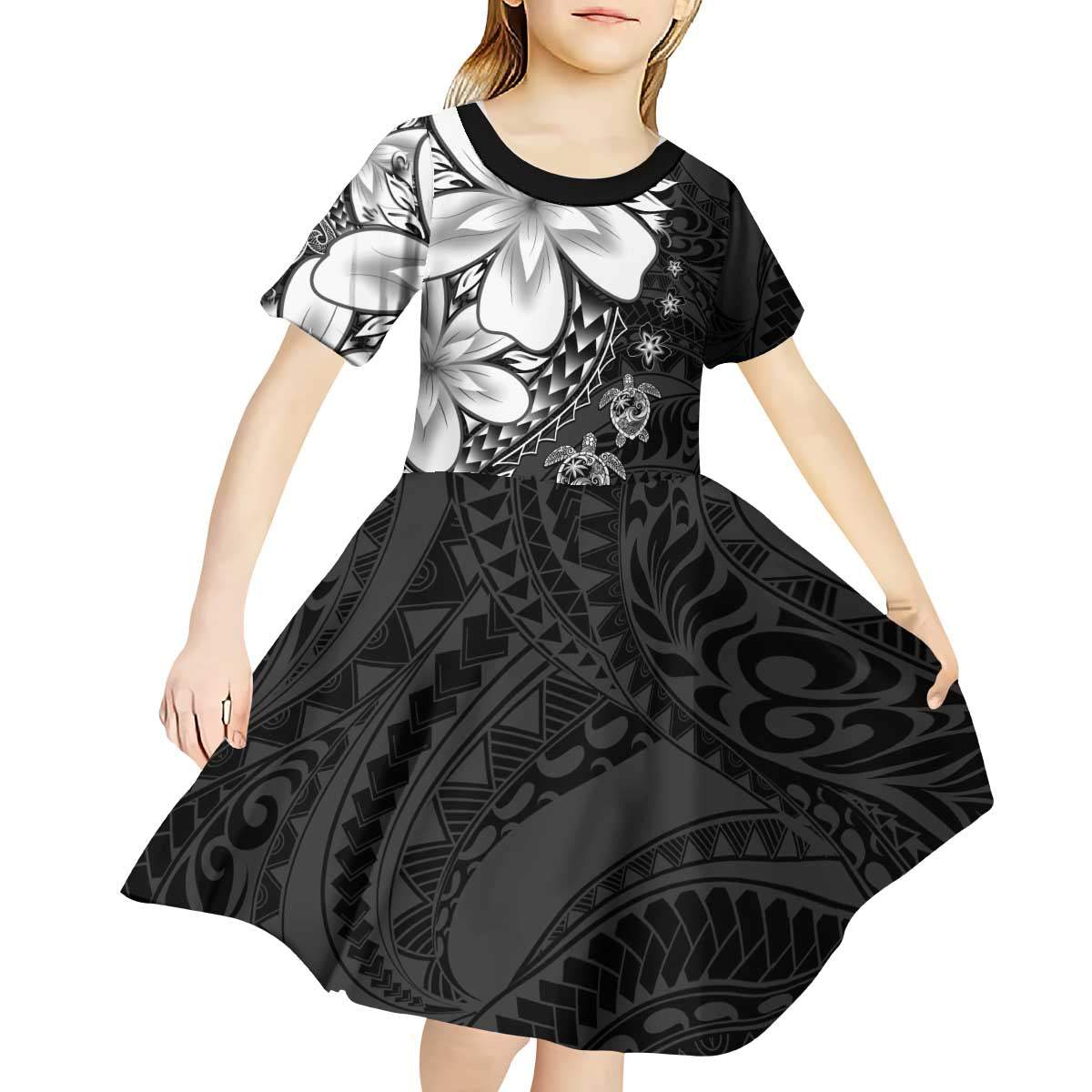 Polynesia Romantic Valentine Kid Short Sleeve Dress Sea Turtle Couple With Black Plumeria